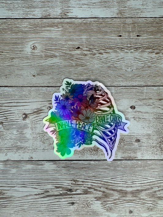 Inhale Peace, Exhale Chaos, Floral Ribs, Skeleton, Holographic Vinyl Waterproof Sticker