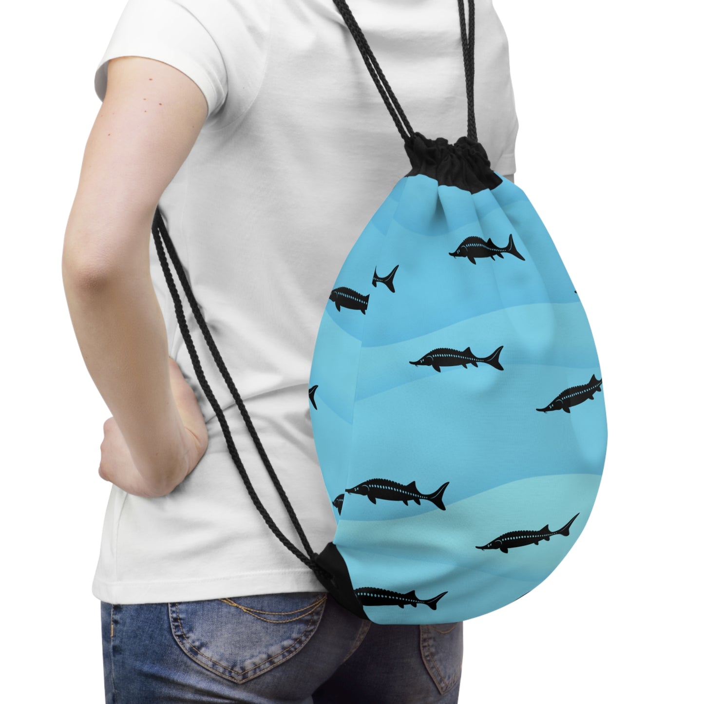 White Sturgeon Silhouette Drawstring Bag