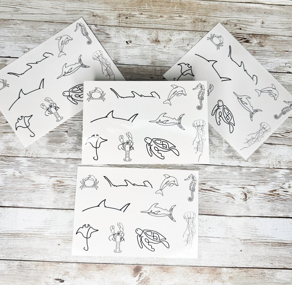 Sea Life Temporary Tattoos: Ocean Animal Line Art (10 Designs, 4x6 Sheet)