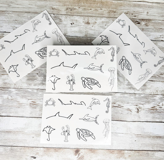 Sea Life Temporary Tattoos: Ocean Animal Line Art (10 Designs, 4x6 Sheet)