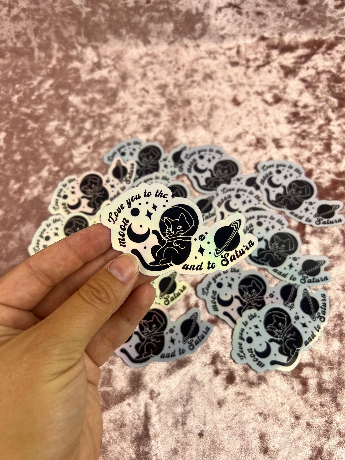 Space Cat Holographic Vinyl Sticker: Love You to the Moon and Saturn