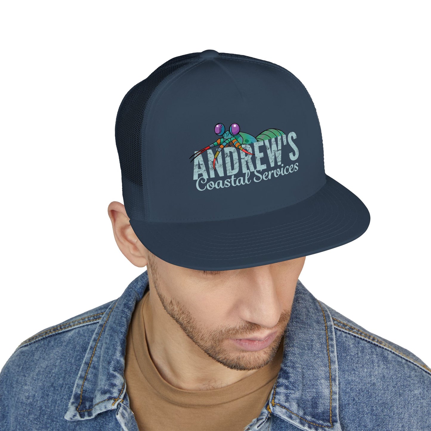 5 Panel Trucker Cap - Half Logo with Logo Blue