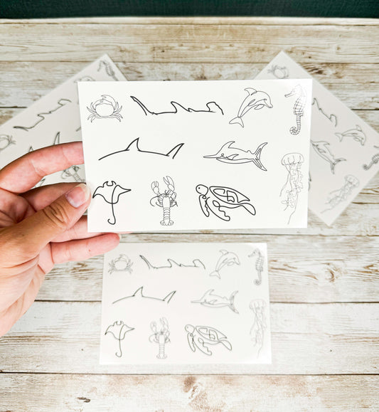 Sea Life Temporary Tattoos: Ocean Animal Line Art (10 Designs, 4x6 Sheet)