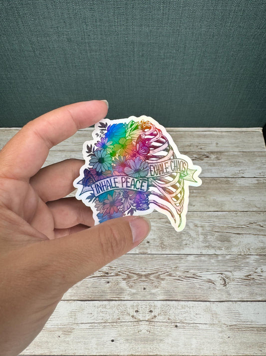 Inhale Peace, Exhale Chaos, Floral Ribs, Skeleton, Holographic Vinyl Waterproof Sticker