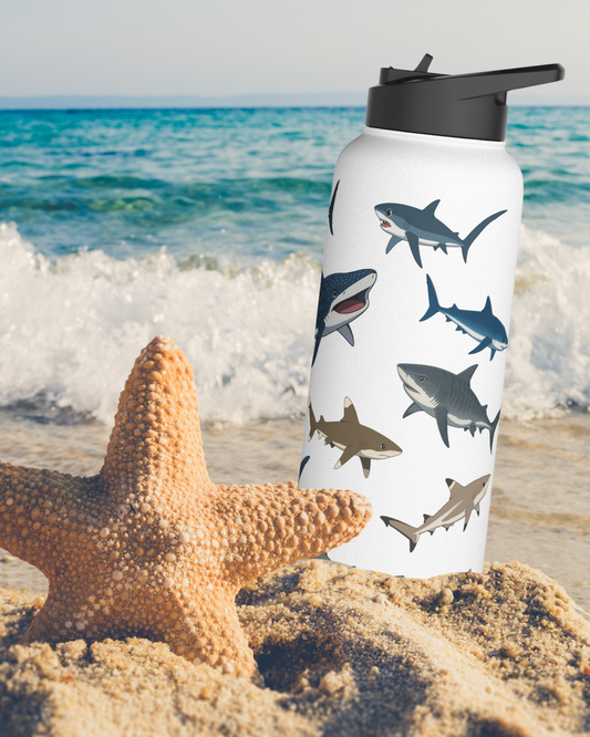Whimsical Anime Shark Stainless Steel Water Bottle, 32oz