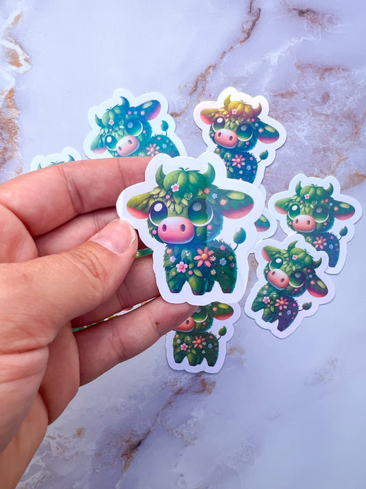 Floral Garden Cow Holographic Vinyl Sticker
