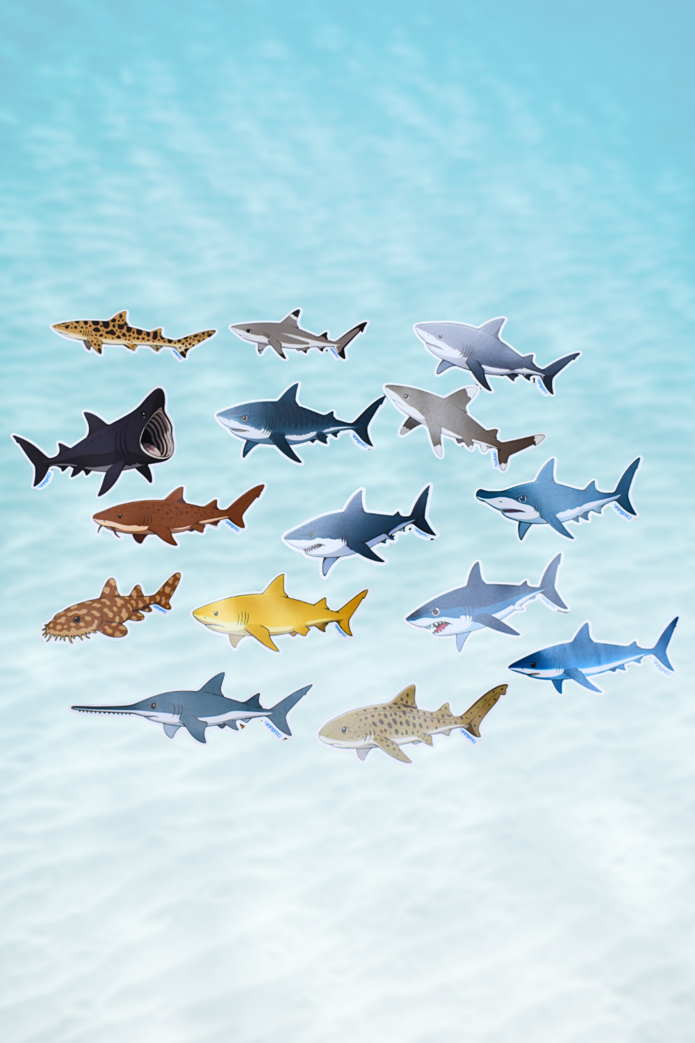 A set of small shark figurines in various colors and species, arranged in a school against a light blue water-textured background.